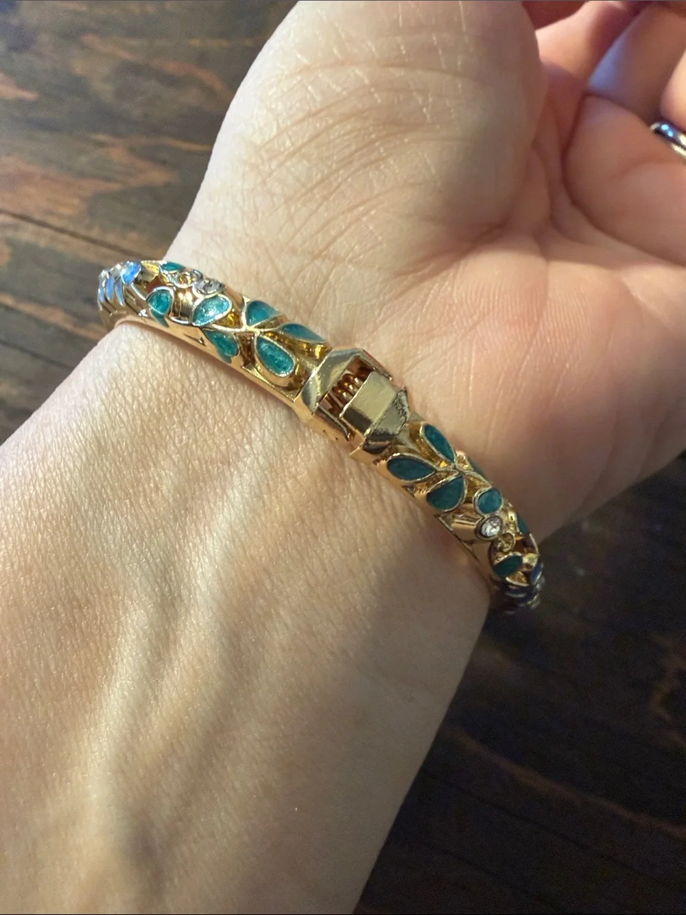 Gold Plated Blue Floral Enamel Bangle Bracelet Rhinestones